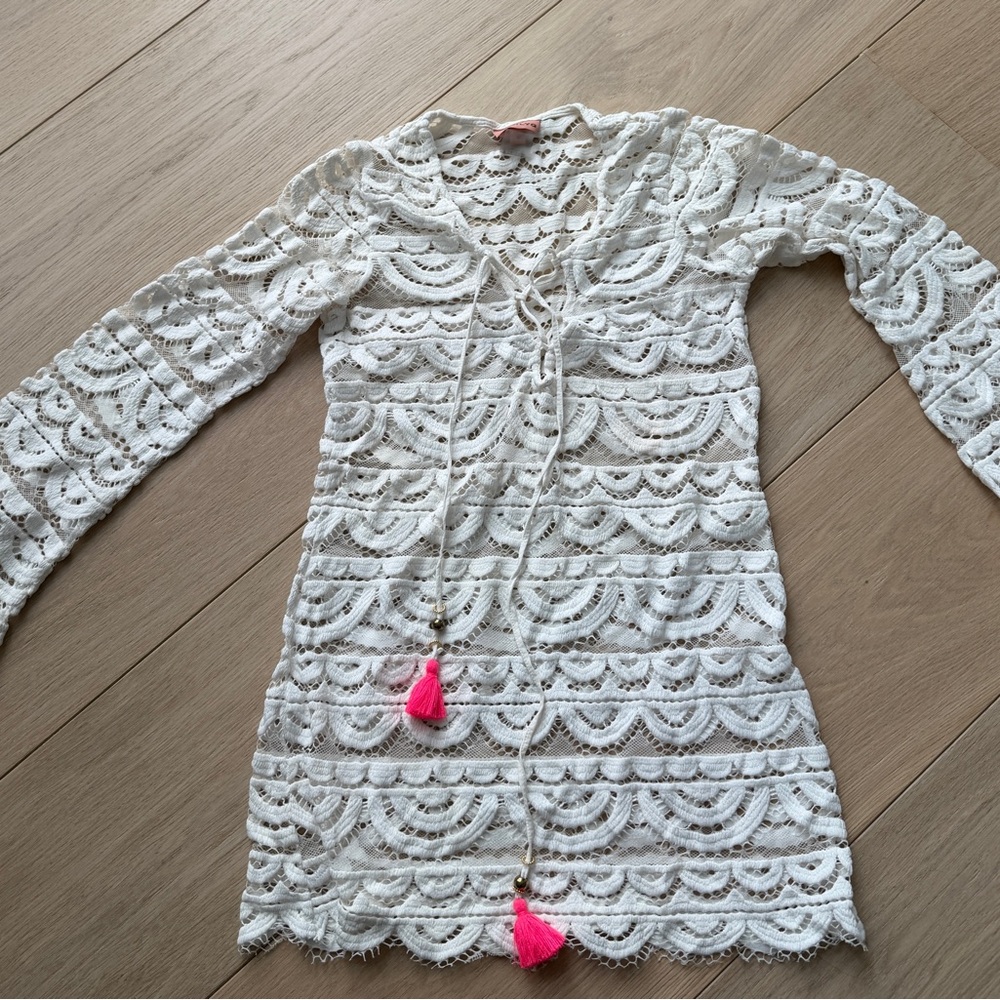 PilyQ Little Noah Tunic Lace Cover-Up with Pink Tassels